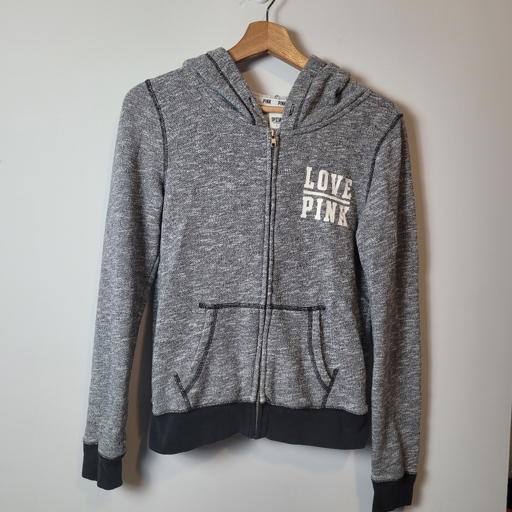 Victoria Secret Hoodie jacket Love Pink Zip small heather Gray Black